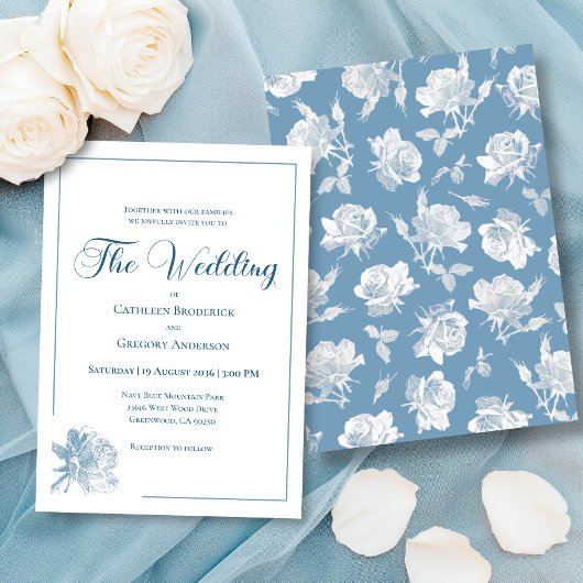 Calligraphy Line Art Dusty Blue Floral Wedding 招待状