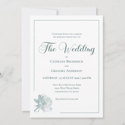 Calligraphy Line Art Sage Green Floral Wedding  招待状 (正面)