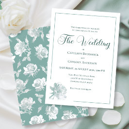 Calligraphy Line Art Sage Green Floral Wedding  招待状