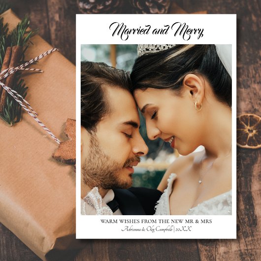 Calligraphy Married and Merry Simple Black Text シーズンカード