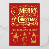 Calligraphy Merry Christmas Gnomes Family Greeting 箔シーズンカード (正面)