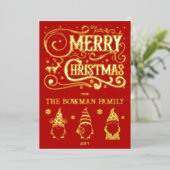 Calligraphy Merry Christmas Gnomes Family Greeting 箔シーズンカード (立ち正面)