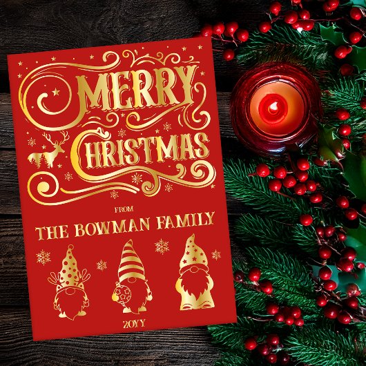 Calligraphy Merry Christmas Gnomes Family Greeting 箔シーズンカード