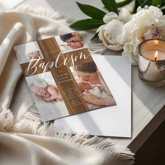 Calligraphy Photo Collage Baby Baptism Wood Cross  招待状