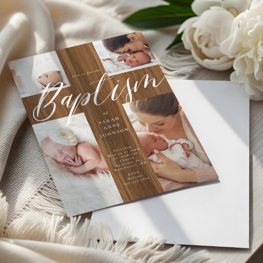 Calligraphy Photo Collage Baby Baptism Wood Cross  招待状