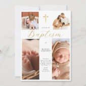 Calligraphy Photo Collage Gold Cross Baby Baptism 招待状 (正面)