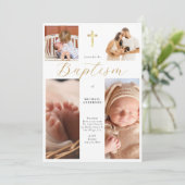Calligraphy Photo Collage Gold Cross Baby Baptism 招待状 (スタンド正面)
