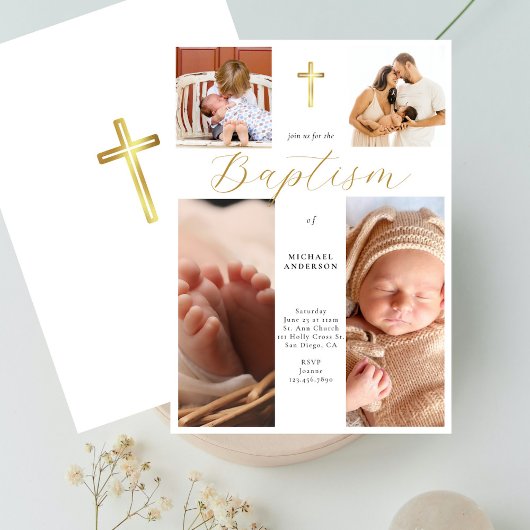 Calligraphy Photo Collage Gold Cross Baby Baptism 招待状