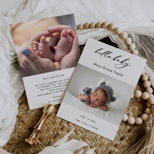 Calligraphy Photo Hello Baby Announcement Card 招待状