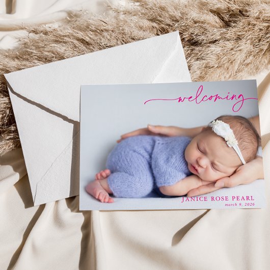 Calligraphy Pink Welcoming Baby Announcement card