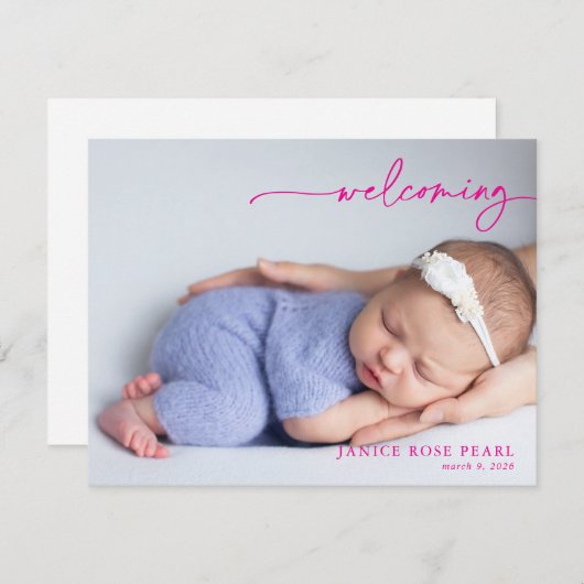 Calligraphy Pink Welcoming Baby Announcement card (正面/裏面)