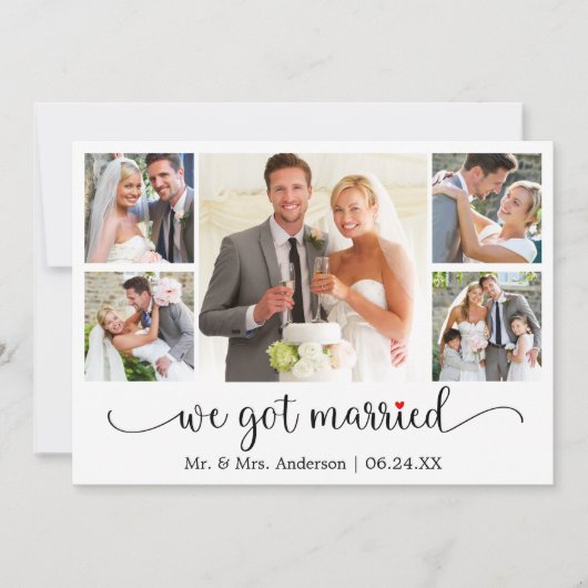 Calligraphy Red Heart 5 Photo We Got Married 案内状 (正面)