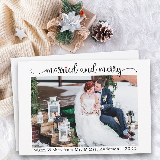 Calligraphy Red Heart Married and Merry Photo シーズンカード