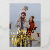 Calligraphy Script Merry Christmas Gold Photo 箔シーズンカード (正面)