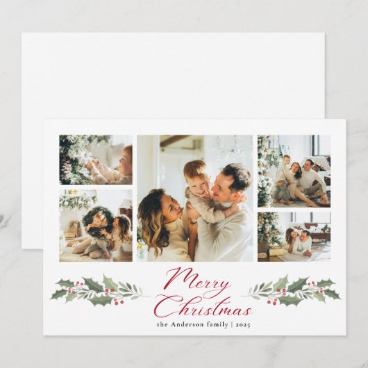 Calligraphy Script Merry Photo Collage Christmas シーズンカード (正面/裏面)