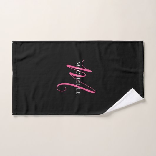 Calligraphy Script Monogram Name Black and Pink ハンドタオル (ハンドタオル)