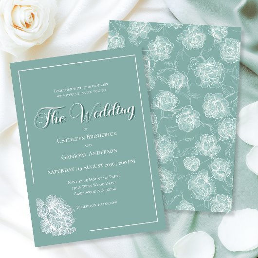 Calligraphy Script Sage Green Floral Wedding 招待状