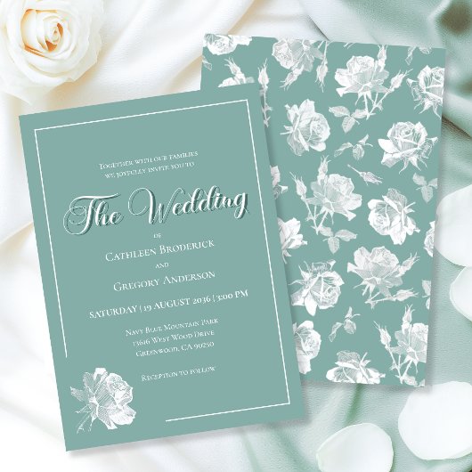 Calligraphy Script Sage Green Floral Wedding 招待状