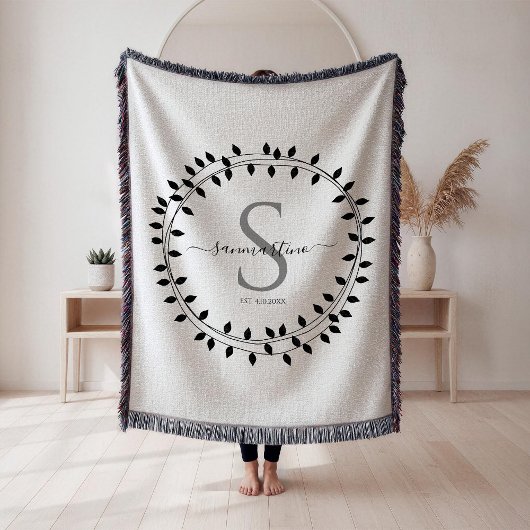Calligraphy Script Wreath Monogram Woven スローブランケット
