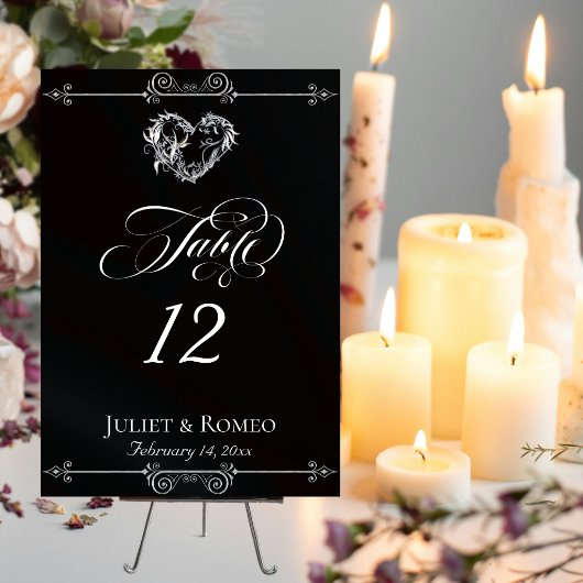 Calligraphy & Silver Heart - Black Table Number テーブルナンバー