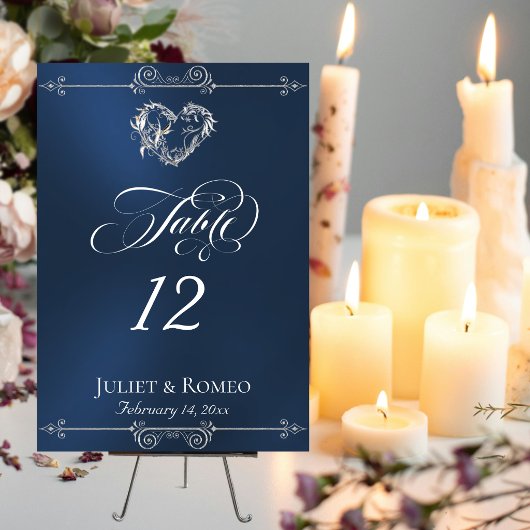 Calligraphy & Silver Heart - Blue Table Number テーブルナンバー