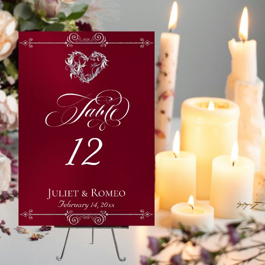 Calligraphy & Silver Heart - Burgundy Table Number テーブルナンバー
