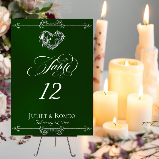 Calligraphy & Silver Heart - Emerald Table Number テーブルナンバー
