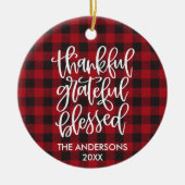 Calligraphy Thankful Grateful Blessed Plaid Photo セラミックオーナメント (正面)