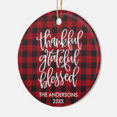 Calligraphy Thankful Grateful Blessed Plaid Photo セラミックオーナメント (左)