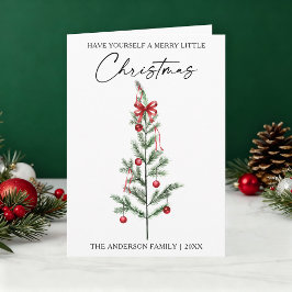 Calligraphy Watercolor Christmas Tree Red Bow Fold シーズンカード