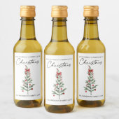 Calligraphy Watercolor Christmas Tree Red Bow Mini ワインラベル (ボトル)