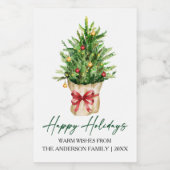 Calligraphy Watercolor Pine Red Bow Holiday Mini ワインラベル (シングルラベル)