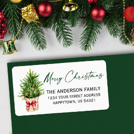 Calligraphy Watercolor Pine Red Bow Return Address ラベル