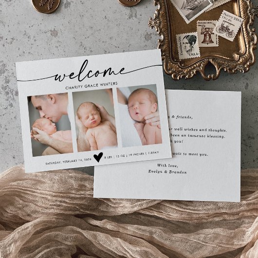 Calligraphy Welcome Photo Baby Announcement Card サンキューカード