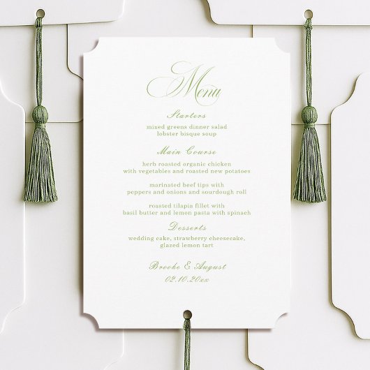 Calligraphy White and Sage Green Wedding Menu Card 招待状
