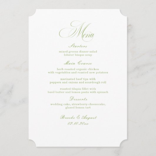 Calligraphy White and Sage Green Wedding Menu Card 招待状 (正面)