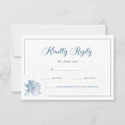 Calligraphy White Dusty Blue Floral RSVP Wedding ノートカード (正面)