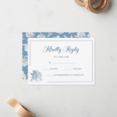 Calligraphy White Dusty Blue Floral RSVP Wedding ノートカード (正面/裏面インサイチュ)
