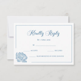 Calligraphy White Dusty Blue Floral Wedding 出欠カード