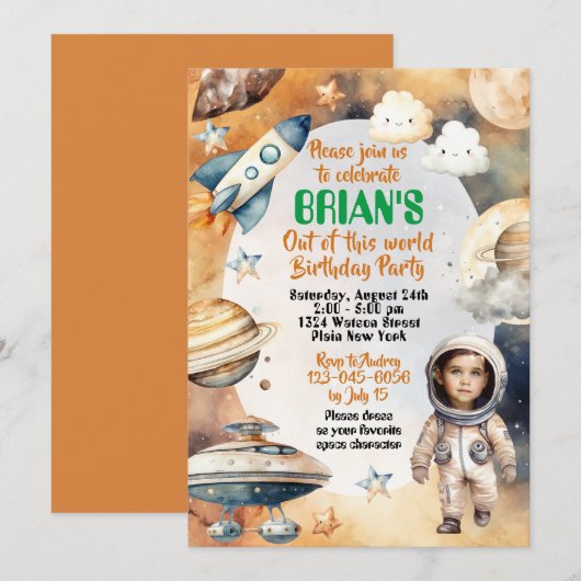 Calling All Astronauts Space Theme Birthday 招待状 (正面/裏面)