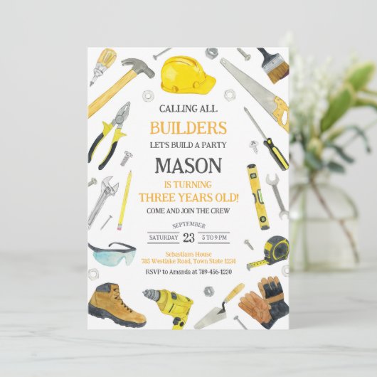 Calling All Builders Construction Tools Birthday  招待状 (スタンド正面)