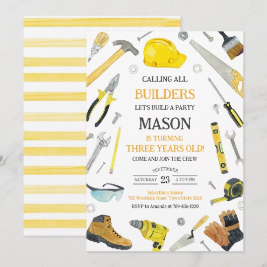 Calling All Builders Construction Tools Birthday  招待状 (正面/裏面)