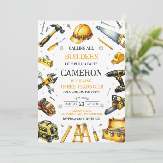 Calling All Builders Construction Tools Birthday 招待状 (スタンド正面)