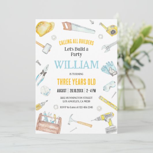 Calling All Builders Kids Boy Birthday Invitation 招待状 (スタンド正面)