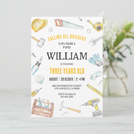 Calling All Builders Kids Boy Birthday Invitation 招待状 (スタンド正面)