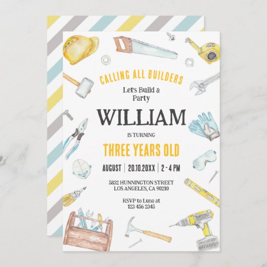 Calling All Builders Kids Boy Birthday Invitation 招待状 (正面/裏面)