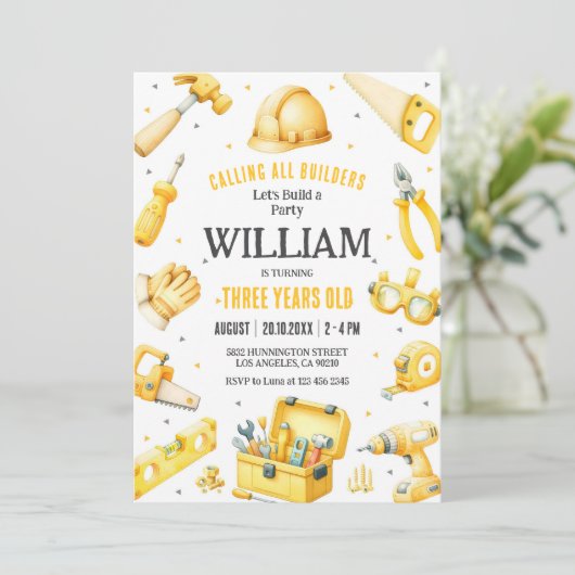 Calling All Builders Kids Boy Birthday Invitation 招待状 (スタンド正面)