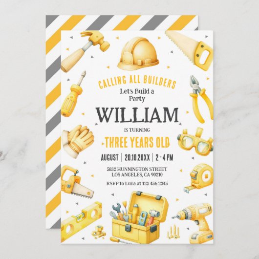 Calling All Builders Kids Boy Birthday Invitation 招待状 (正面/裏面)