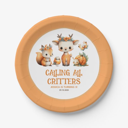 Calling All Critters Woodland Fall Kids' Birthday  ペーパープレート (正面)