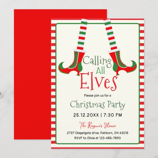 Calling All Elves Holiday Christmas Party 招待状 (正面/裏面)